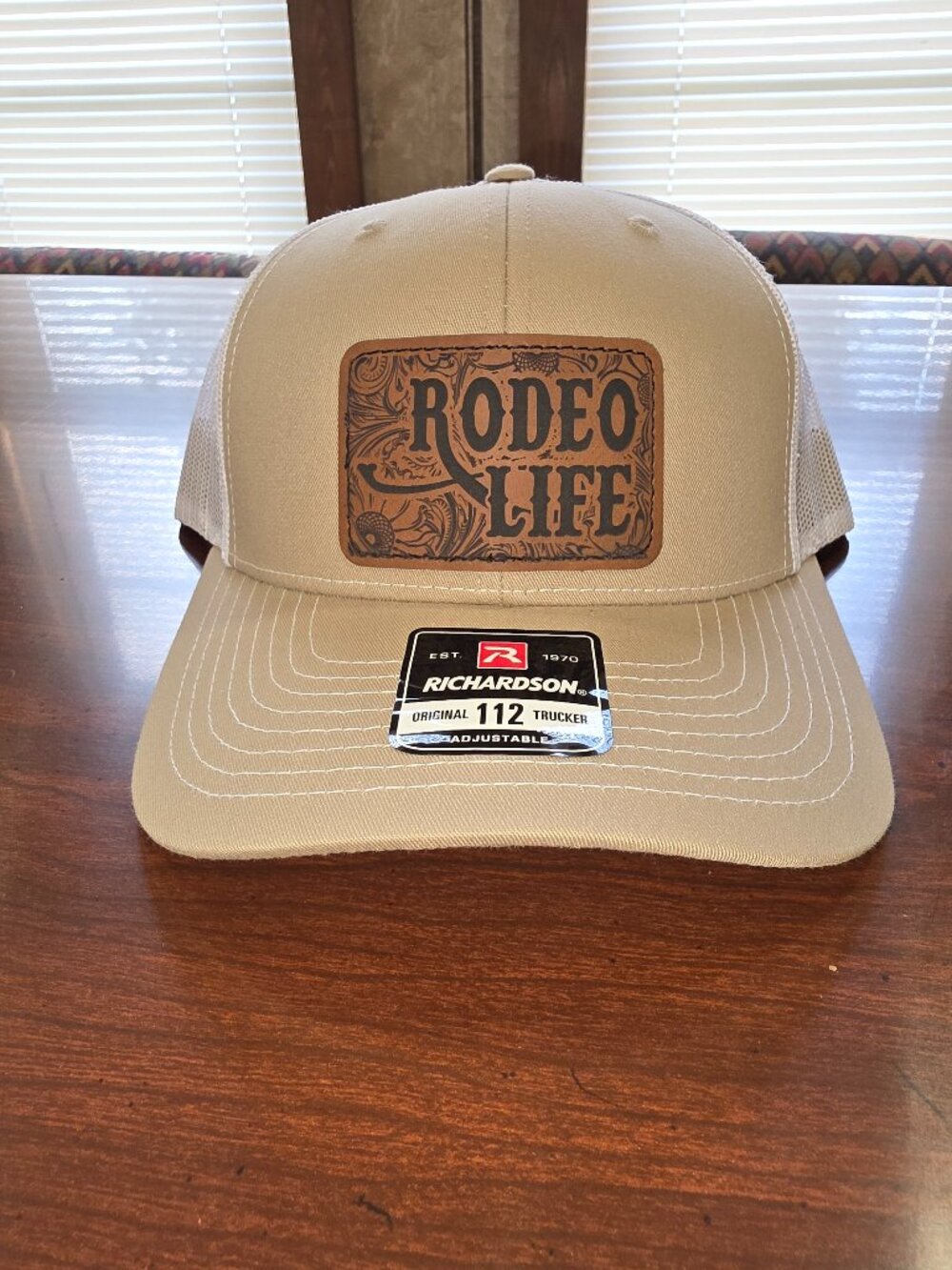 Richardson Beige/White Adjustable Trucker Hat "Rodeo Life" Patch Cowboys Western